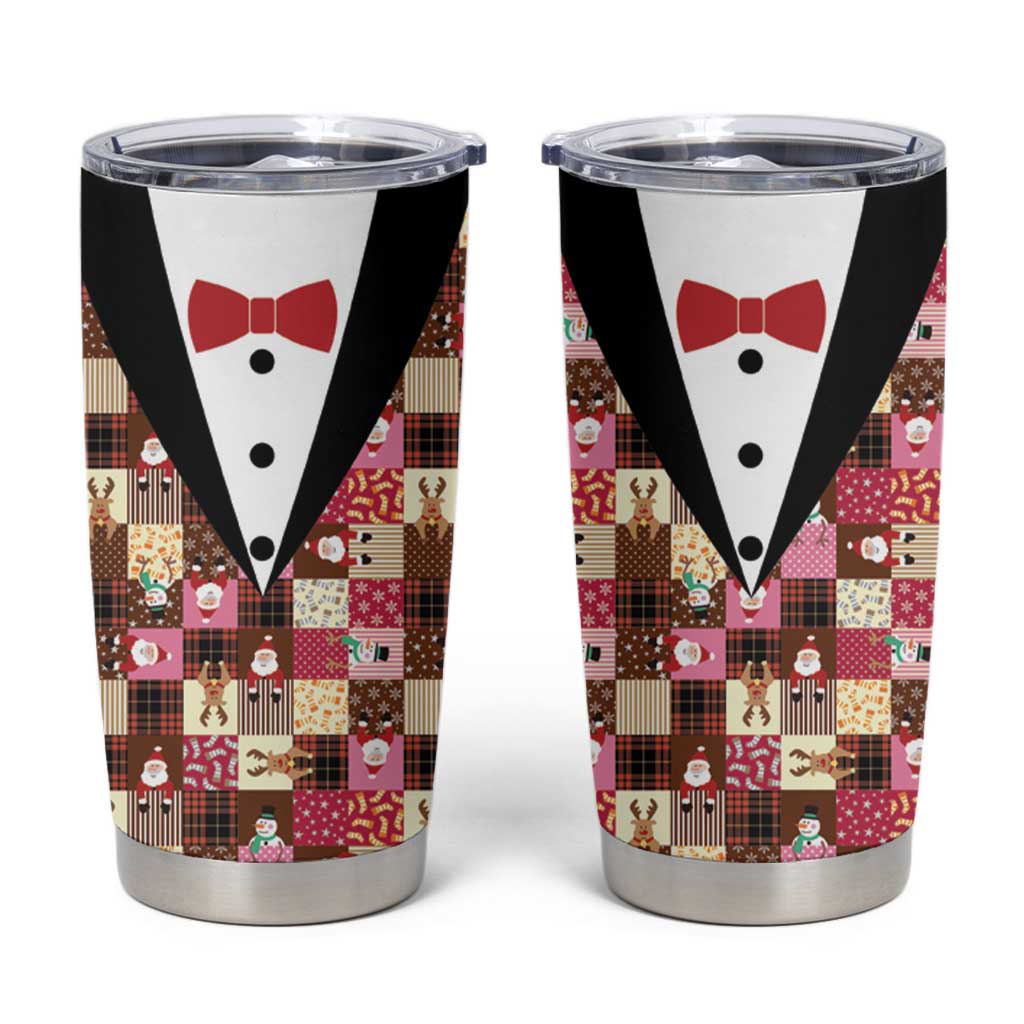 Christmas Patchwork Fake Tuxedo Tumbler Cup Santa and Reindeer Pink Plaid Style - Wonder Print Shop