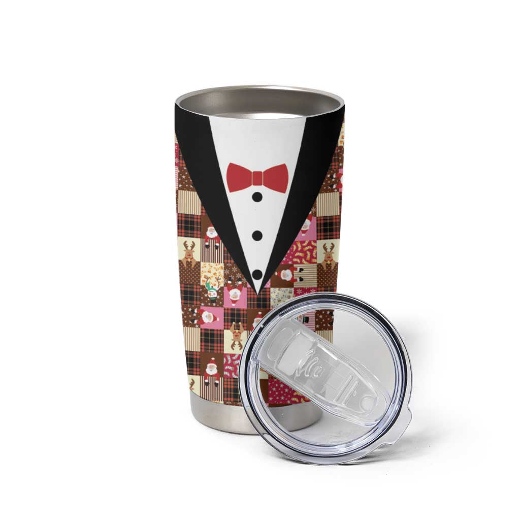 Christmas Patchwork Fake Tuxedo Tumbler Cup Santa and Reindeer Pink Plaid Style - Wonder Print Shop