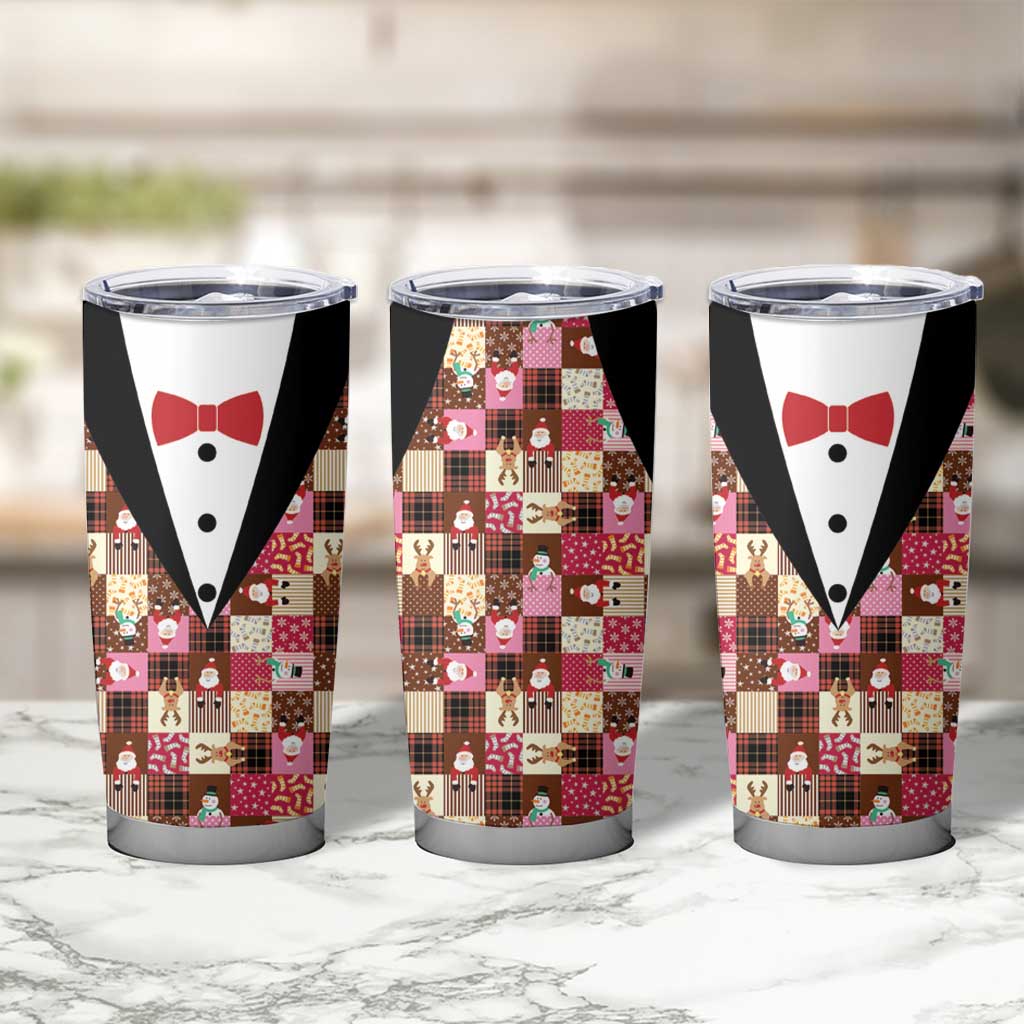 Christmas Patchwork Fake Tuxedo Tumbler Cup Santa and Reindeer Pink Plaid Style - Wonder Print Shop