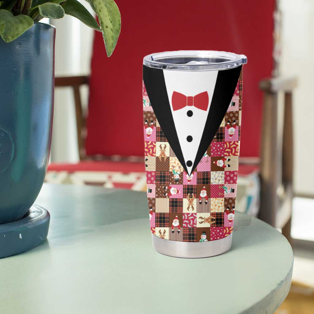Christmas Patchwork Fake Tuxedo Tumbler Cup Santa and Reindeer Pink Plaid Style - Wonder Print Shop