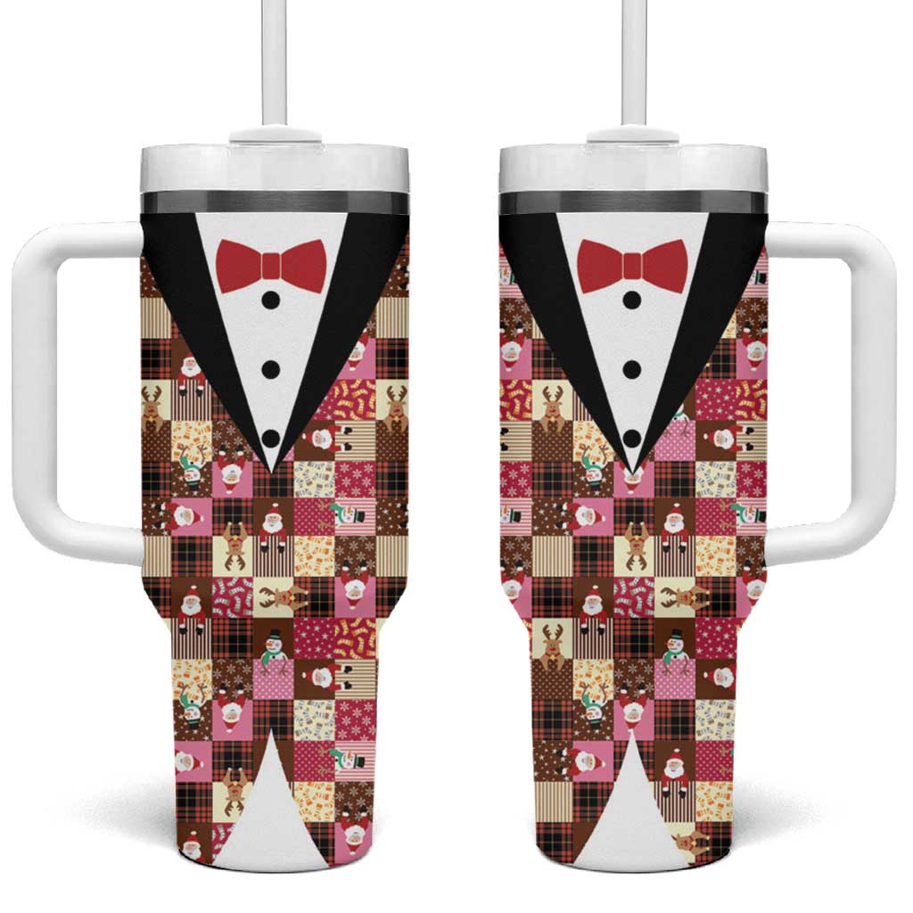 Christmas Patchwork Fake Tuxedo Tumbler With Handle Santa and Reindeer Pink Plaid Style - Wonder Print Shop
