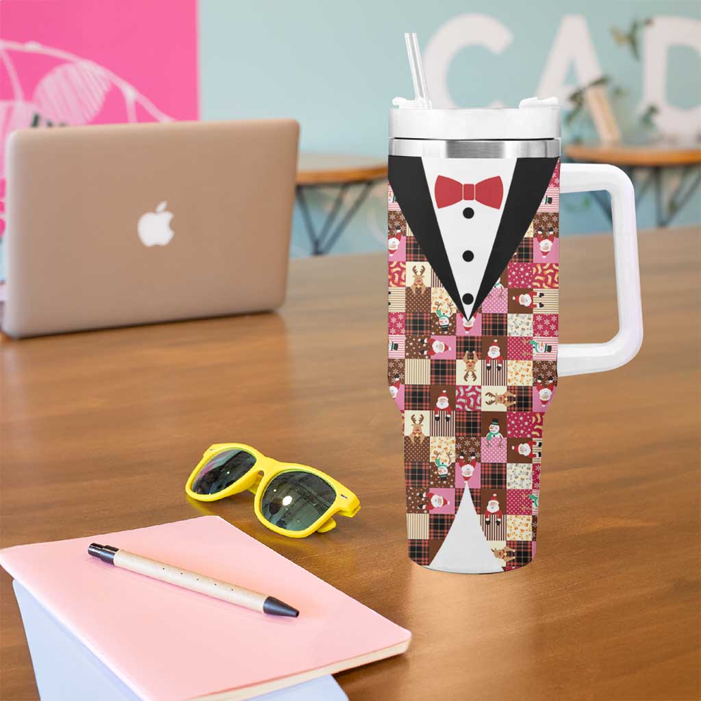 Christmas Patchwork Fake Tuxedo Tumbler With Handle Santa and Reindeer Pink Plaid Style - Wonder Print Shop