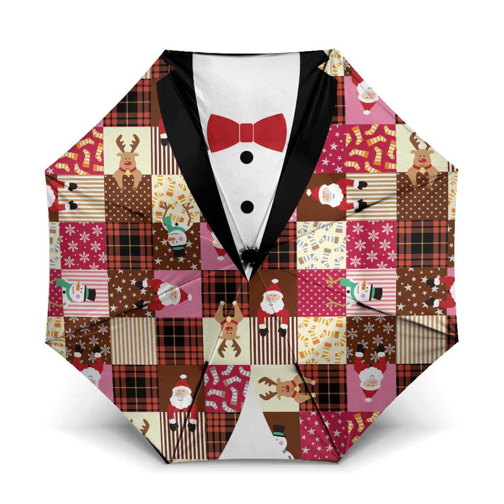 Christmas Patchwork Fake Tuxedo Umbrella Santa and Reindeer Pink Plaid Style - Wonder Print Shop