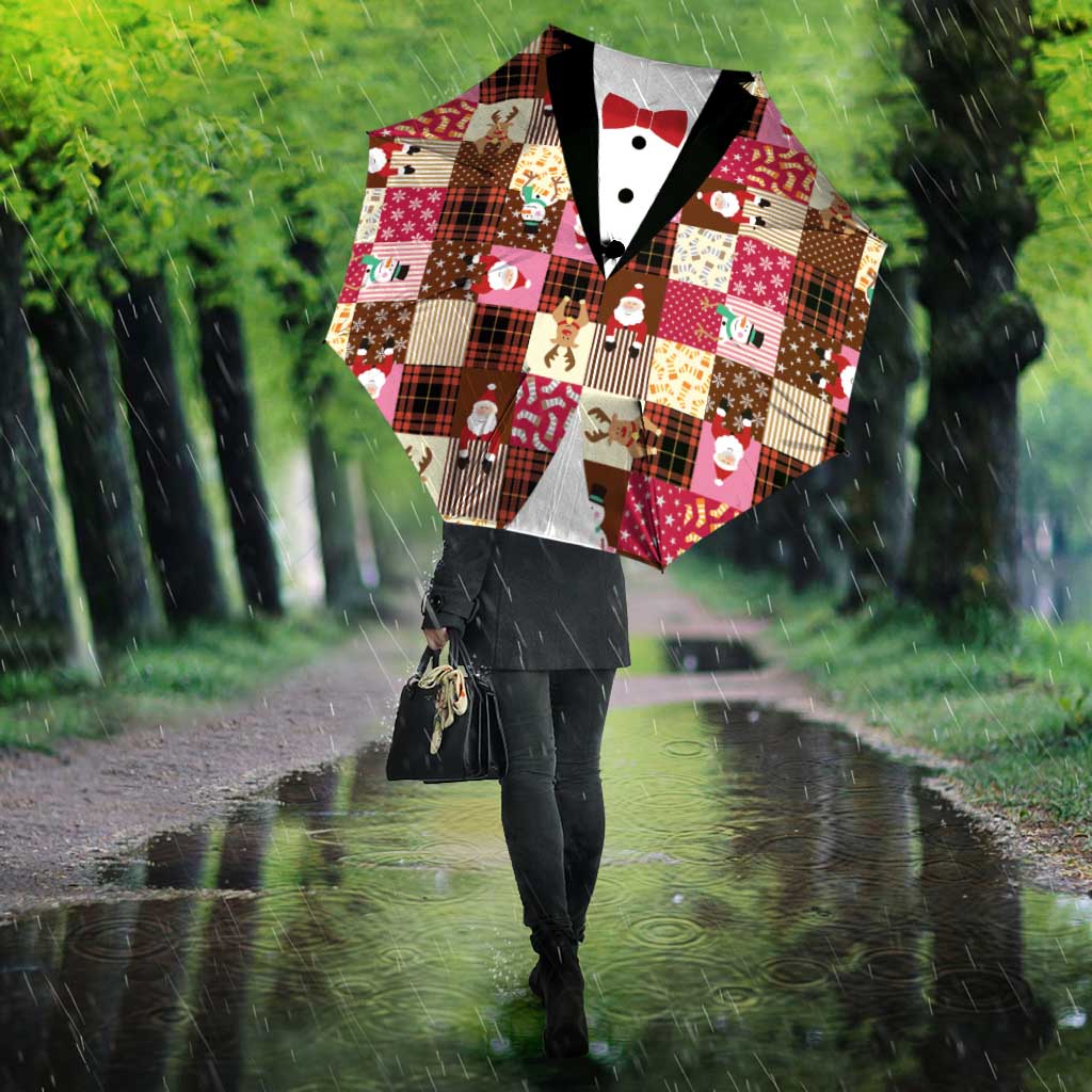 Christmas Patchwork Fake Tuxedo Umbrella Santa and Reindeer Pink Plaid Style - Wonder Print Shop