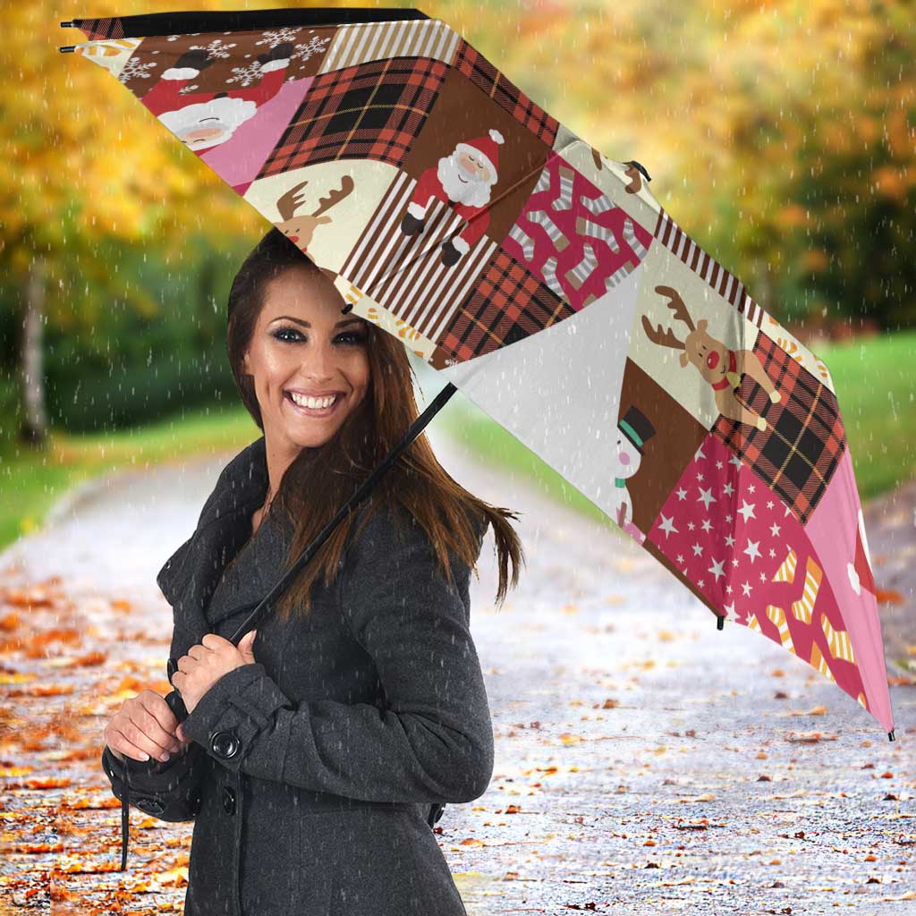Christmas Patchwork Fake Tuxedo Umbrella Santa and Reindeer Pink Plaid Style - Wonder Print Shop