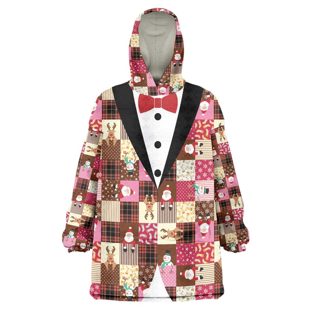 Christmas Patchwork Fake Tuxedo Wearable Blanket Hoodie Santa and Reindeer Pink Plaid Style - Wonder Print Shop