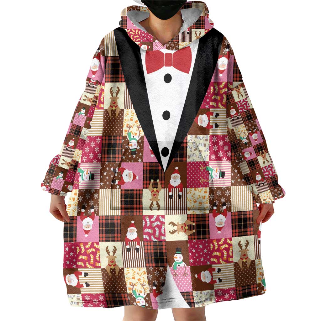 Christmas Patchwork Fake Tuxedo Wearable Blanket Hoodie Santa and Reindeer Pink Plaid Style - Wonder Print Shop