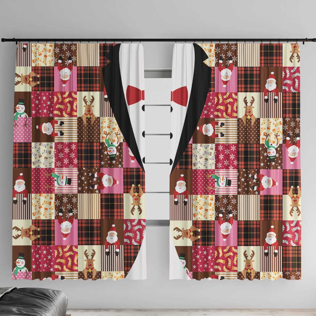 Christmas Patchwork Fake Tuxedo Window Curtain Santa and Reindeer Pink Plaid Style - Wonder Print Shop