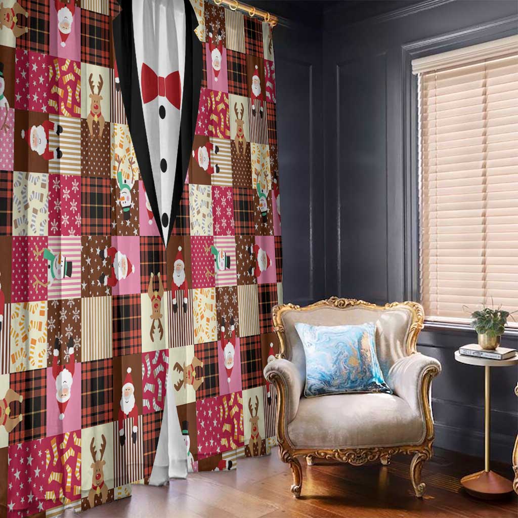 Christmas Patchwork Fake Tuxedo Window Curtain Santa and Reindeer Pink Plaid Style - Wonder Print Shop