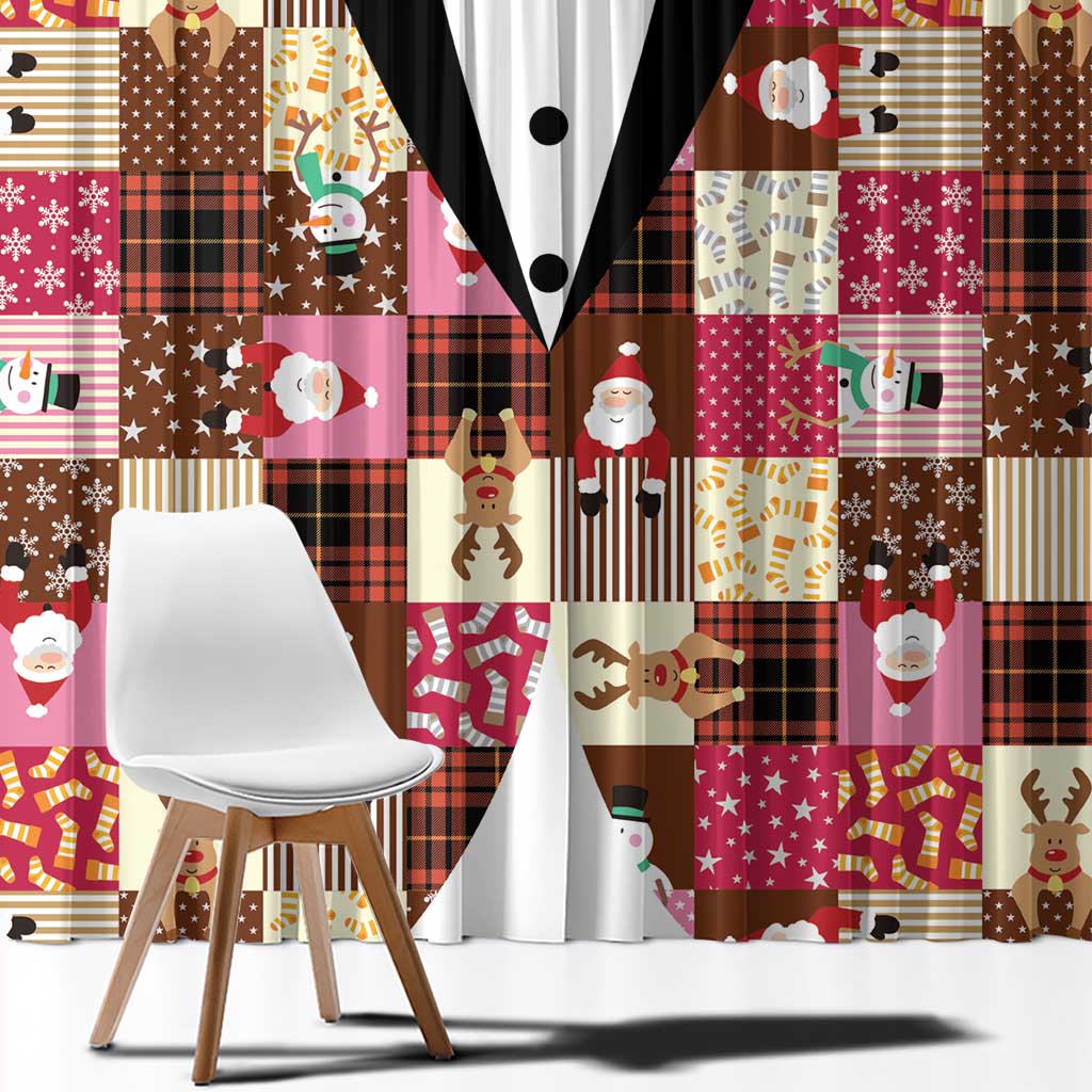 Christmas Patchwork Fake Tuxedo Window Curtain Santa and Reindeer Pink Plaid Style - Wonder Print Shop