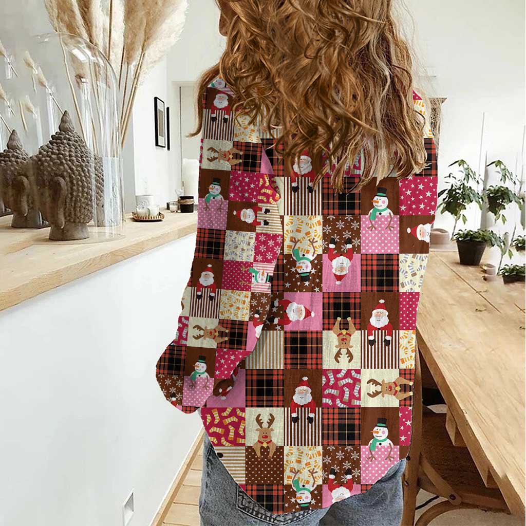 Christmas Patchwork Fake Tuxedo Women Casual Shirt Santa and Reindeer Pink Plaid Style - Wonder Print Shop