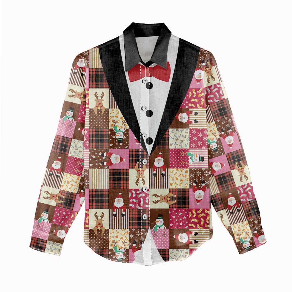 Christmas Patchwork Fake Tuxedo Women Casual Shirt Santa and Reindeer Pink Plaid Style - Wonder Print Shop