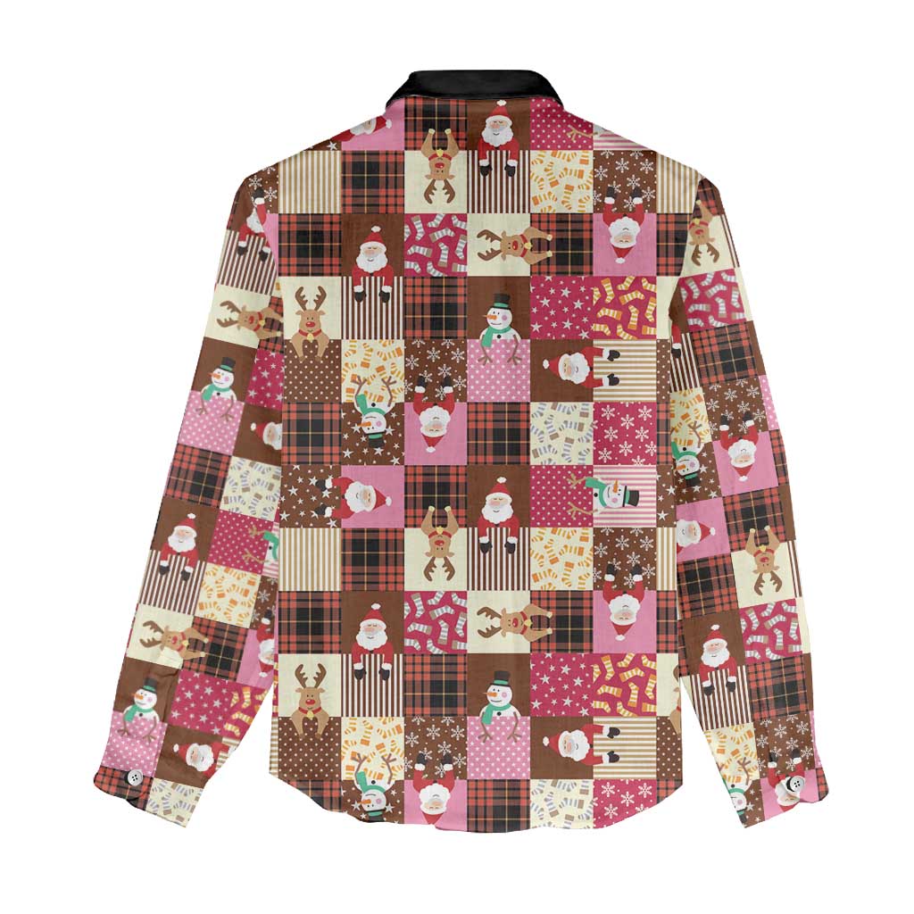 Christmas Patchwork Fake Tuxedo Women Casual Shirt Santa and Reindeer Pink Plaid Style - Wonder Print Shop