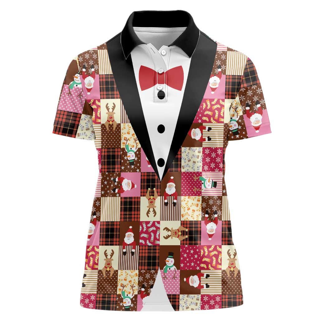 Christmas Patchwork Fake Tuxedo Women Polo Shirt Santa and Reindeer Pink Plaid Style - Wonder Print Shop