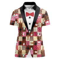 Christmas Patchwork Fake Tuxedo Women Polo Shirt Santa and Reindeer Pink Plaid Style - Wonder Print Shop