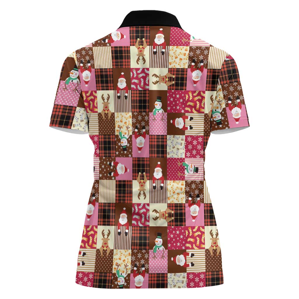Christmas Patchwork Fake Tuxedo Women Polo Shirt Santa and Reindeer Pink Plaid Style - Wonder Print Shop