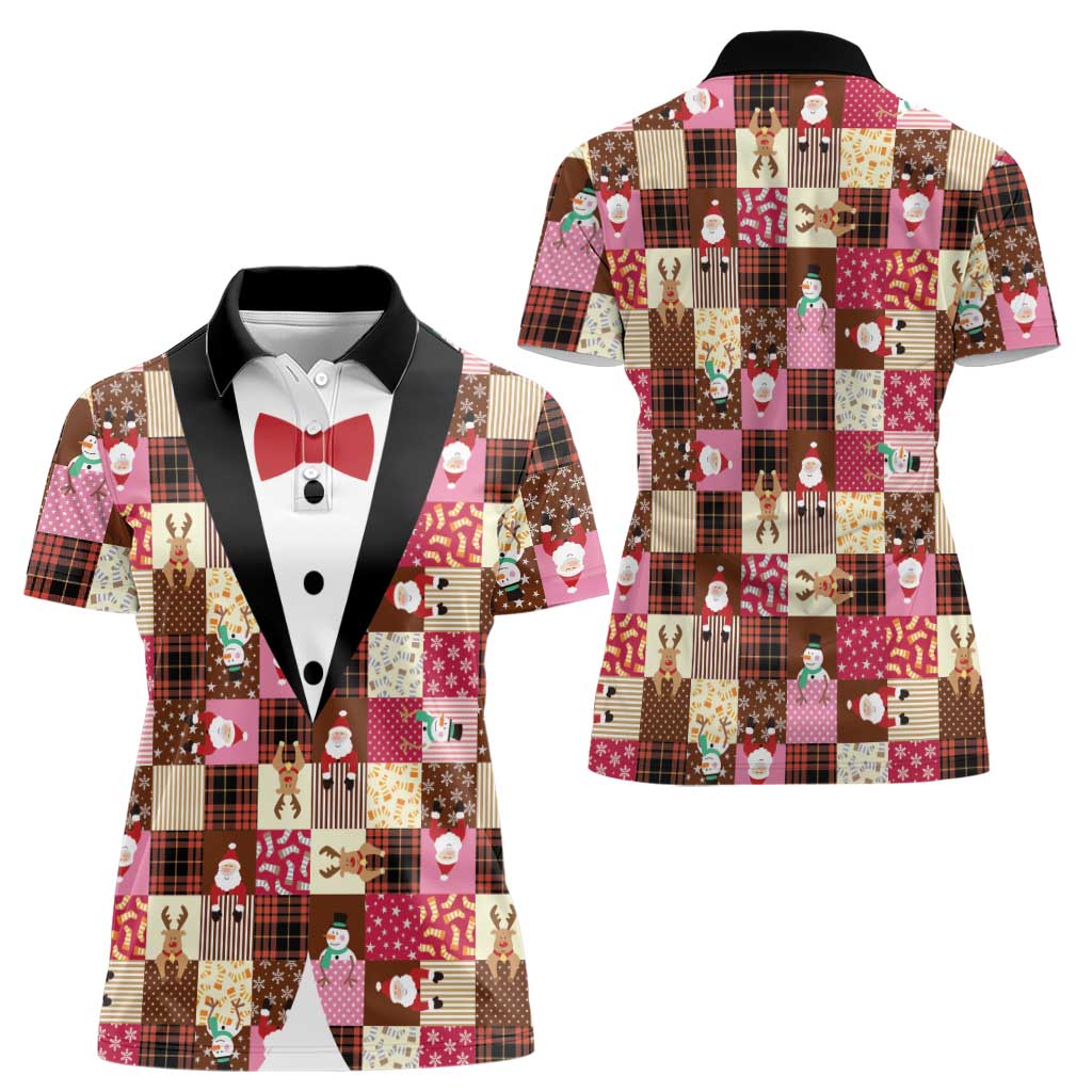 Christmas Patchwork Fake Tuxedo Women Polo Shirt Santa and Reindeer Pink Plaid Style - Wonder Print Shop