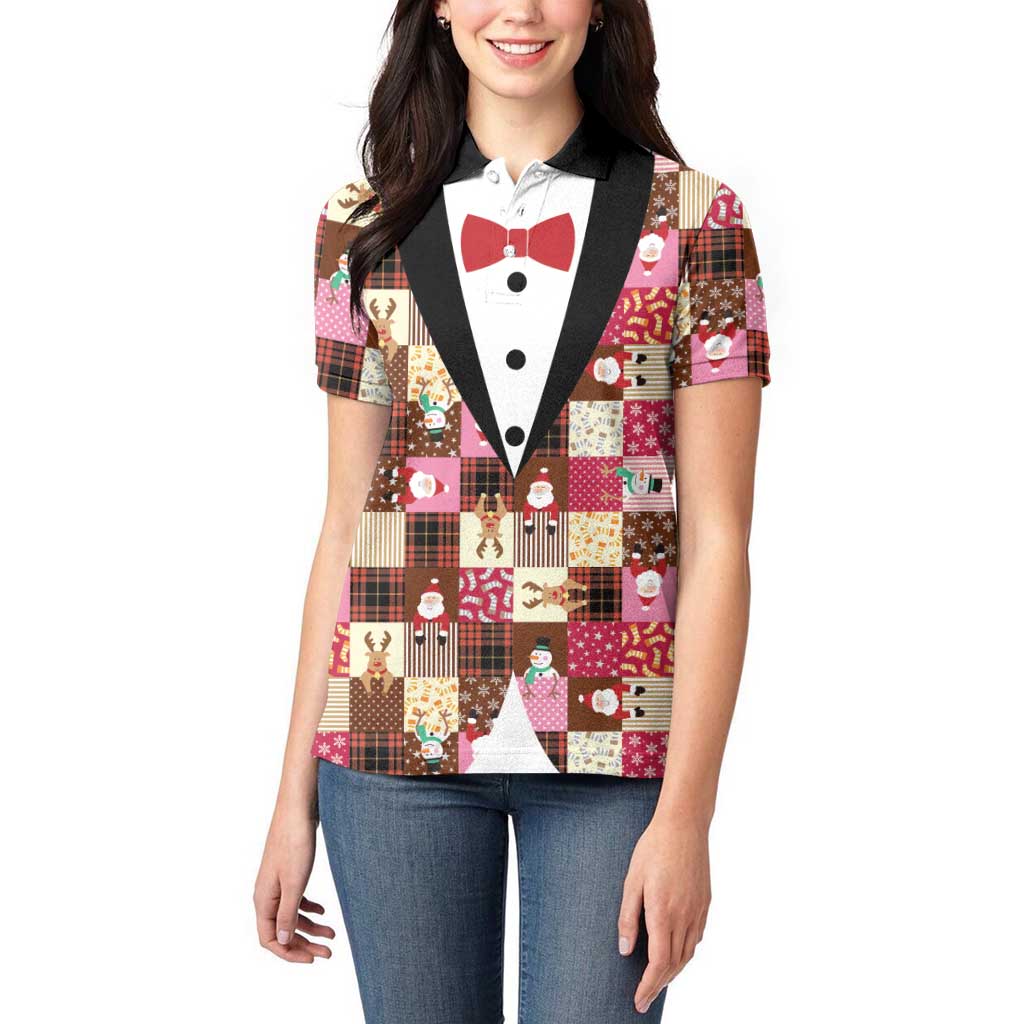Christmas Patchwork Fake Tuxedo Women Polo Shirt Santa and Reindeer Pink Plaid Style - Wonder Print Shop