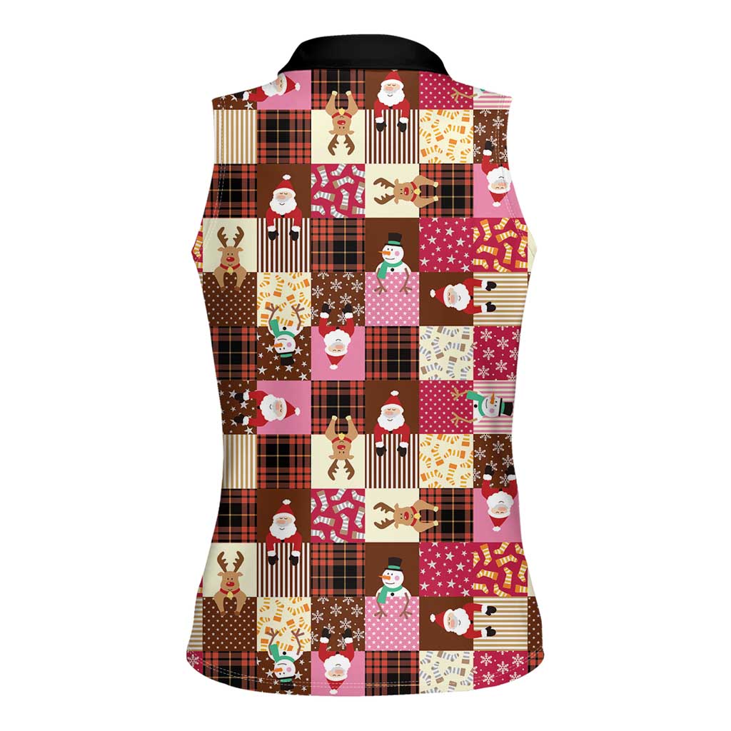 Christmas Patchwork Fake Tuxedo Women Sleeveless Polo Shirt Santa and Reindeer Pink Plaid Style - Wonder Print Shop