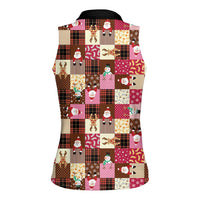 Christmas Patchwork Fake Tuxedo Women Sleeveless Polo Shirt Santa and Reindeer Pink Plaid Style - Wonder Print Shop