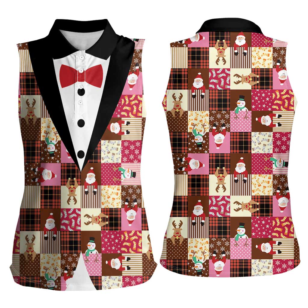Christmas Patchwork Fake Tuxedo Women Sleeveless Polo Shirt Santa and Reindeer Pink Plaid Style - Wonder Print Shop
