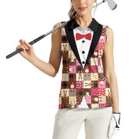 Christmas Patchwork Fake Tuxedo Women Sleeveless Polo Shirt Santa and Reindeer Pink Plaid Style - Wonder Print Shop