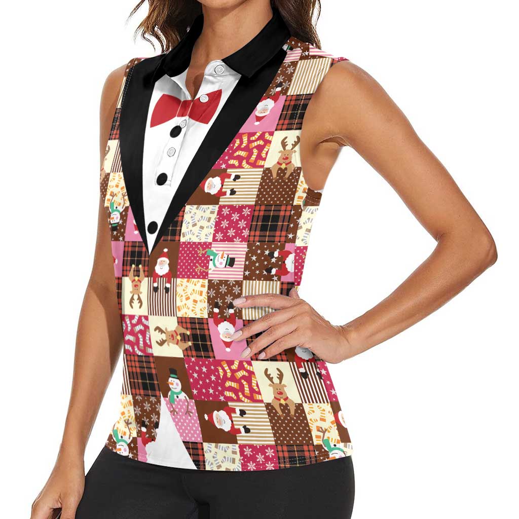 Christmas Patchwork Fake Tuxedo Women Sleeveless Polo Shirt Santa and Reindeer Pink Plaid Style - Wonder Print Shop