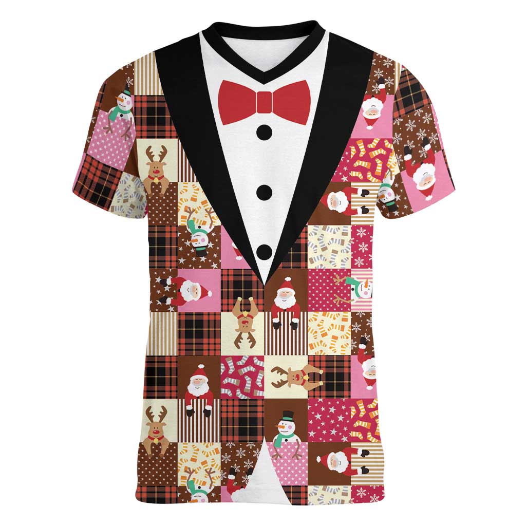 Christmas Patchwork Fake Tuxedo Women V-Neck T-Shirt Santa and Reindeer Pink Plaid Style - Wonder Print Shop