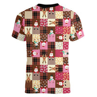 Christmas Patchwork Fake Tuxedo Women V-Neck T-Shirt Santa and Reindeer Pink Plaid Style - Wonder Print Shop