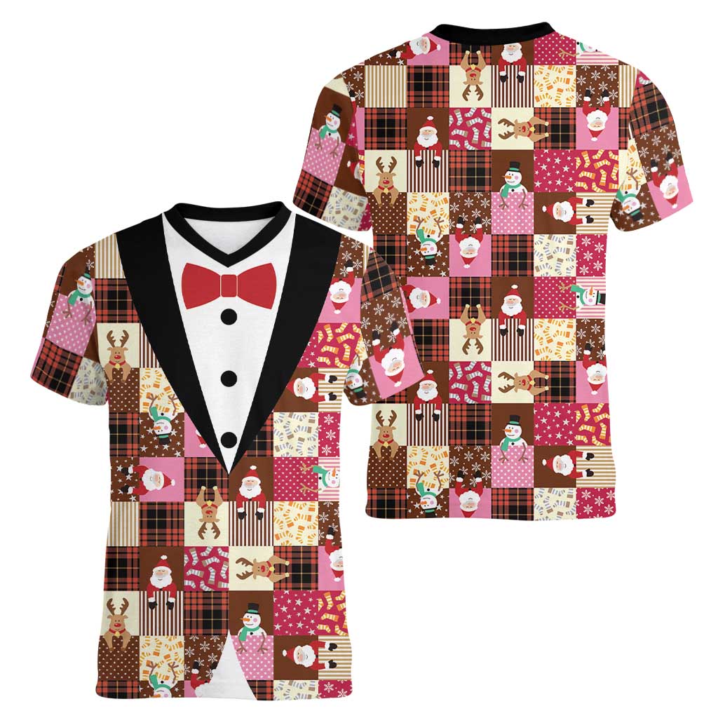 Christmas Patchwork Fake Tuxedo Women V-Neck T-Shirt Santa and Reindeer Pink Plaid Style - Wonder Print Shop