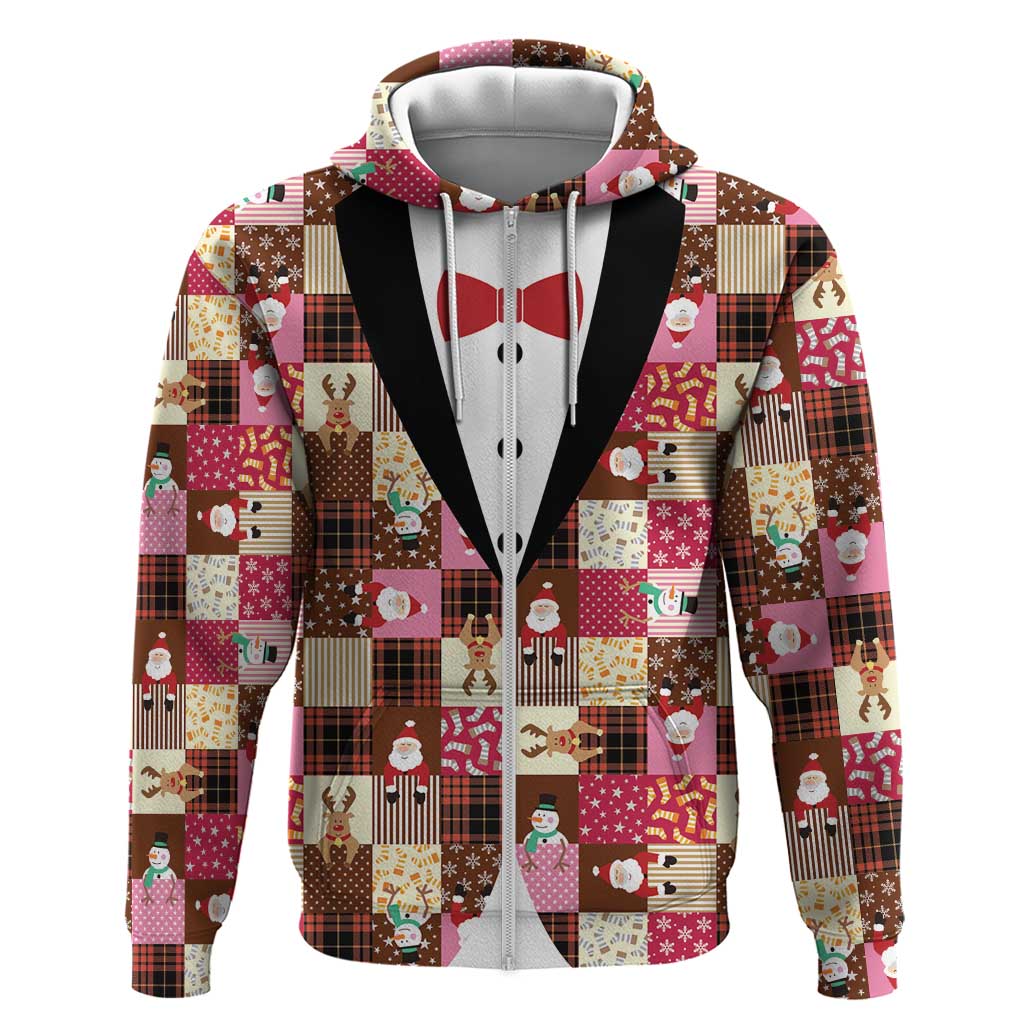 Christmas Patchwork Fake Tuxedo Zip Hoodie Santa and Reindeer Pink Plaid Style - Wonder Print Shop