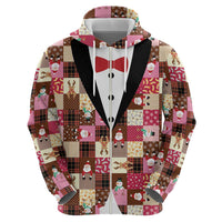 Christmas Patchwork Fake Tuxedo Zip Hoodie Santa and Reindeer Pink Plaid Style - Wonder Print Shop