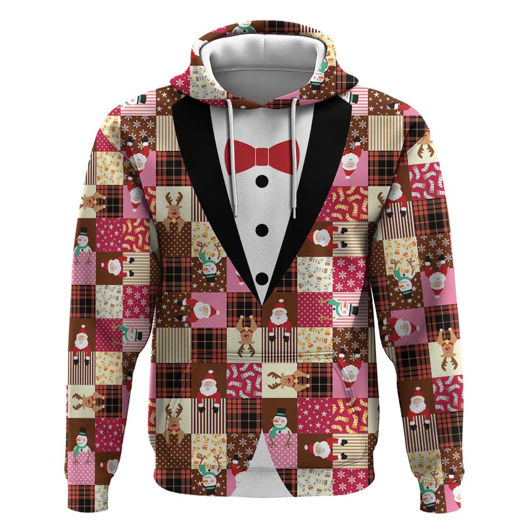 Christmas Patchwork Fake Tuxedo Zip Hoodie Santa and Reindeer Pink Plaid Style - Wonder Print Shop