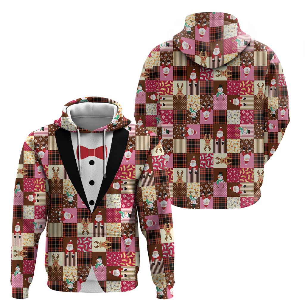 Christmas Patchwork Fake Tuxedo Zip Hoodie Santa and Reindeer Pink Plaid Style - Wonder Print Shop