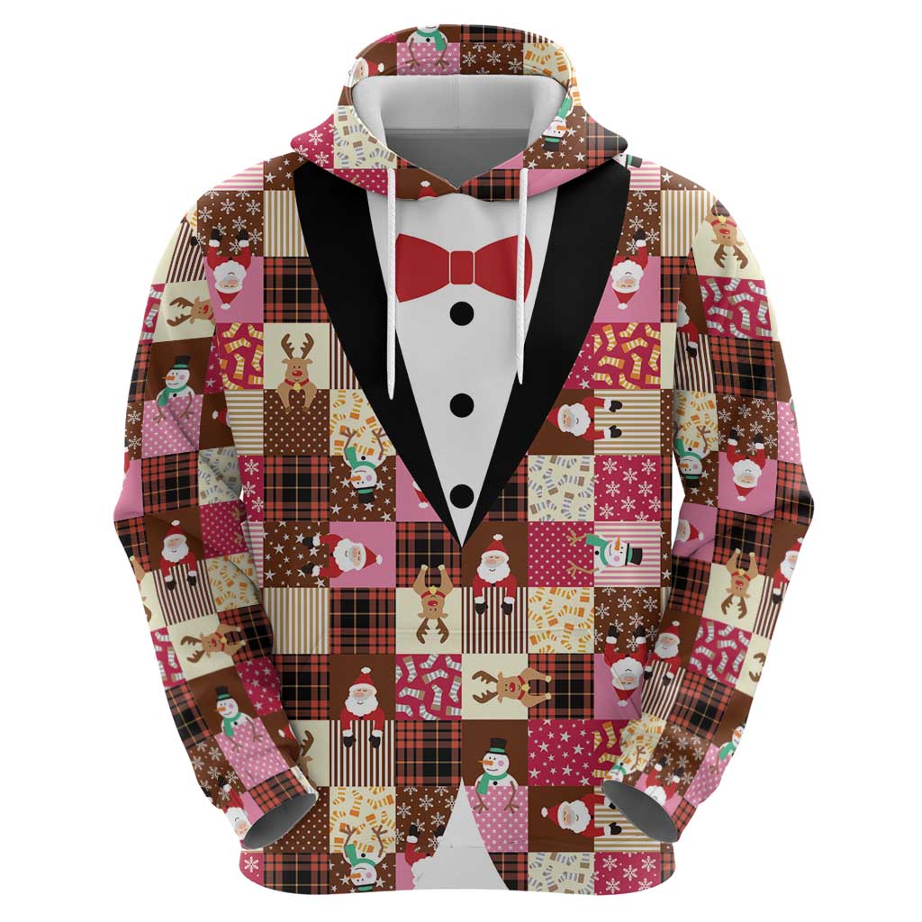 Christmas Patchwork Fake Tuxedo Zip Hoodie Santa and Reindeer Pink Plaid Style - Wonder Print Shop