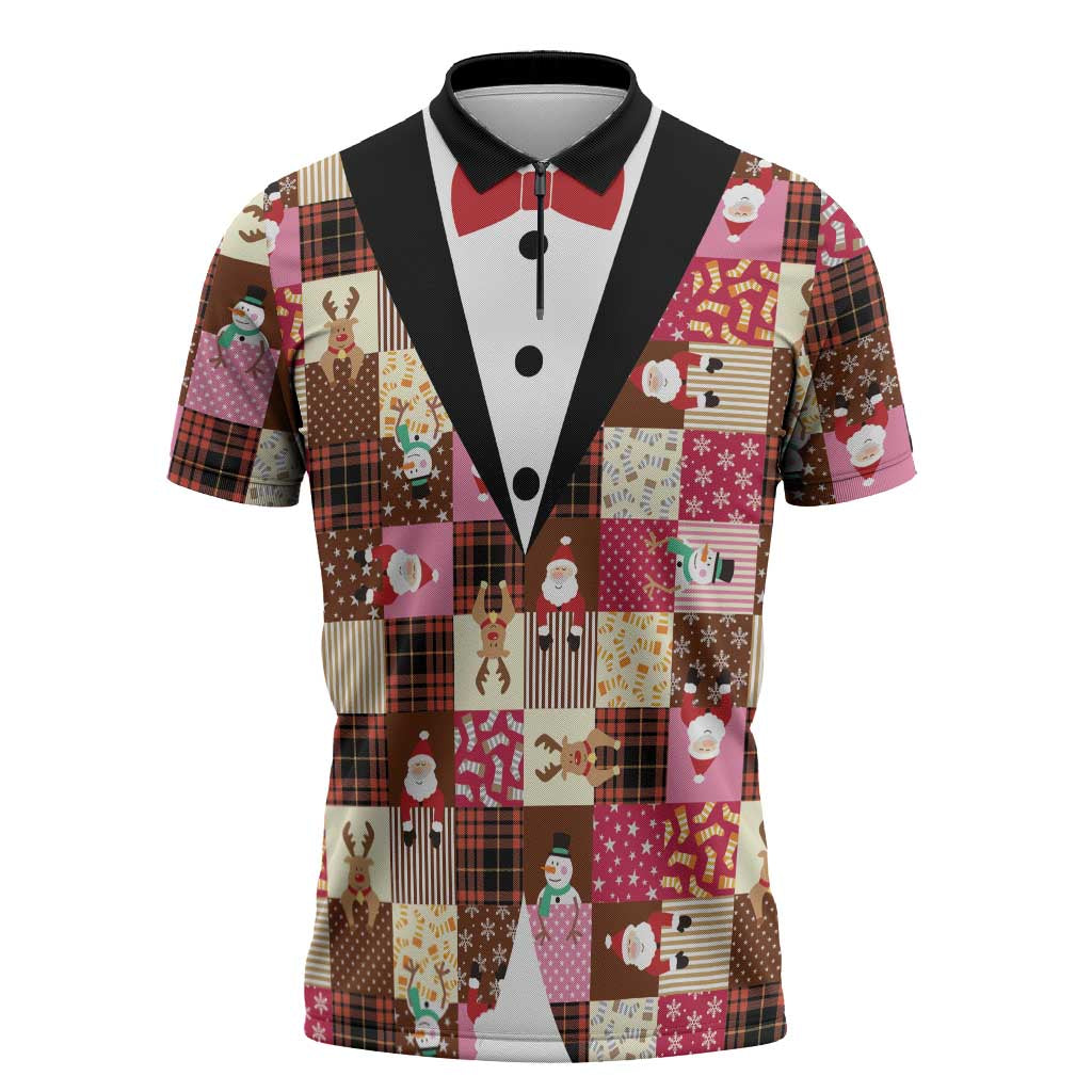 Christmas Patchwork Fake Tuxedo Zipper Polo Shirt Santa and Reindeer Pink Plaid Style - Wonder Print Shop