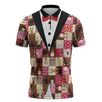 Christmas Patchwork Fake Tuxedo Zipper Polo Shirt Santa and Reindeer Pink Plaid Style - Wonder Print Shop