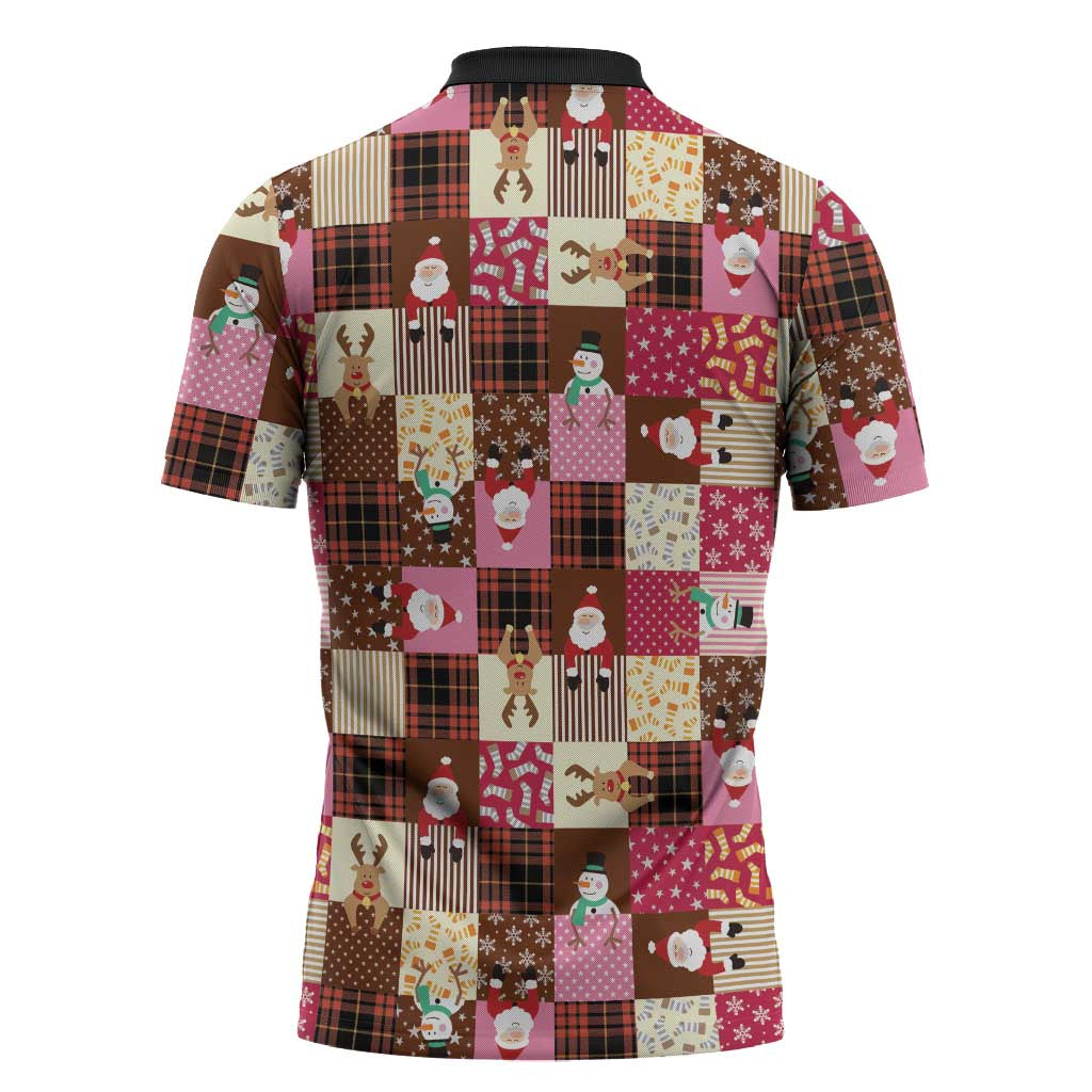 Christmas Patchwork Fake Tuxedo Zipper Polo Shirt Santa and Reindeer Pink Plaid Style - Wonder Print Shop