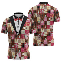 Christmas Patchwork Fake Tuxedo Zipper Polo Shirt Santa and Reindeer Pink Plaid Style - Wonder Print Shop