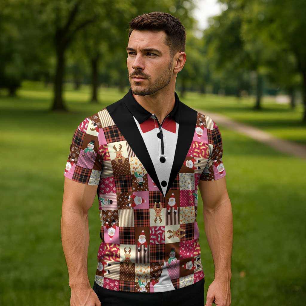 Christmas Patchwork Fake Tuxedo Zipper Polo Shirt Santa and Reindeer Pink Plaid Style - Wonder Print Shop