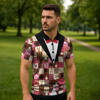 Christmas Patchwork Fake Tuxedo Zipper Polo Shirt Santa and Reindeer Pink Plaid Style - Wonder Print Shop