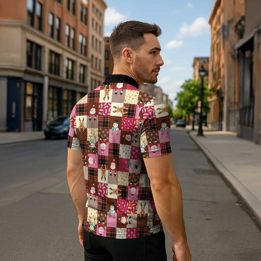 Christmas Patchwork Fake Tuxedo Zipper Polo Shirt Santa and Reindeer Pink Plaid Style - Wonder Print Shop