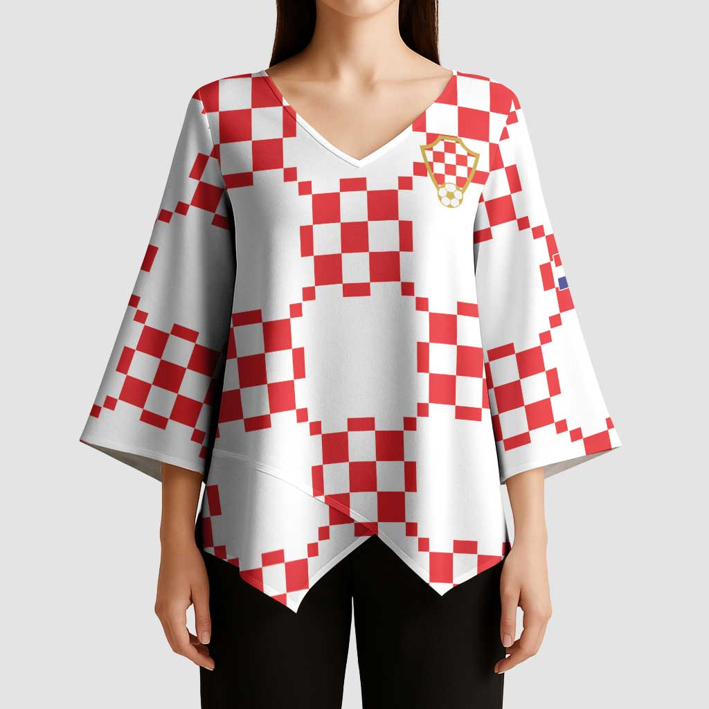 Custom World Football 2026 Croatia Kimono Sleeve Blouse Hrvatska Checkerboard Style - Wonder Print Shop