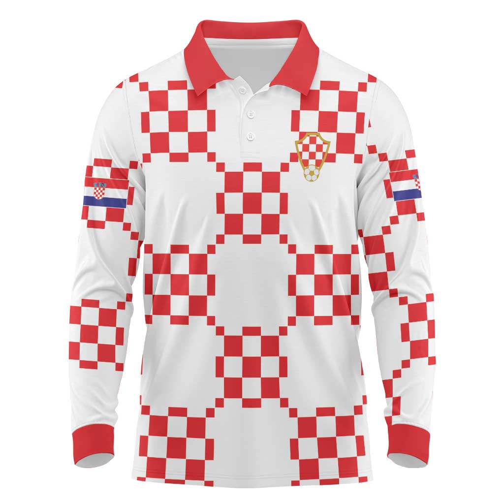 Custom World Football 2026 Croatia Long Sleeve Polo Shirt Hrvatska Checkerboard Style - Wonder Print Shop
