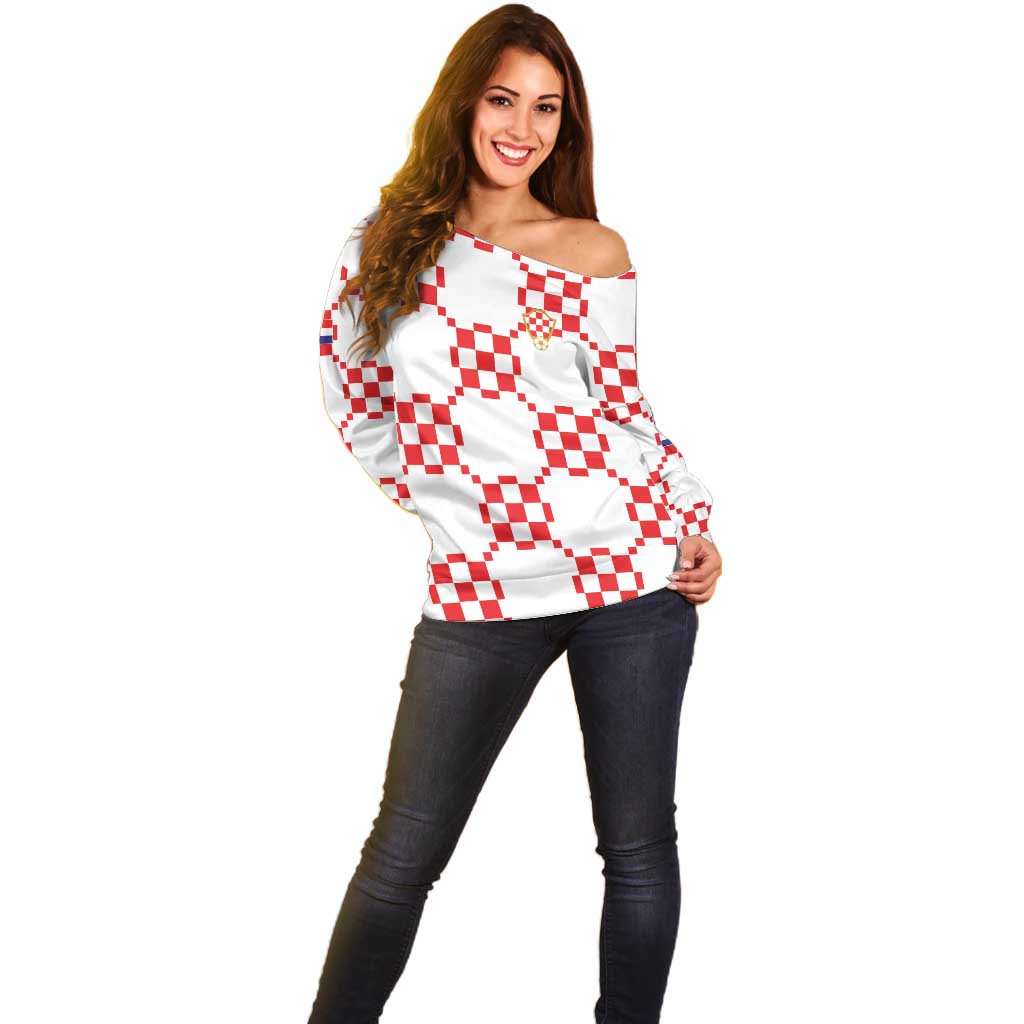 Custom World Football 2026 Croatia Off Shoulder Sweater Hrvatska Checkerboard Style - Wonder Print Shop