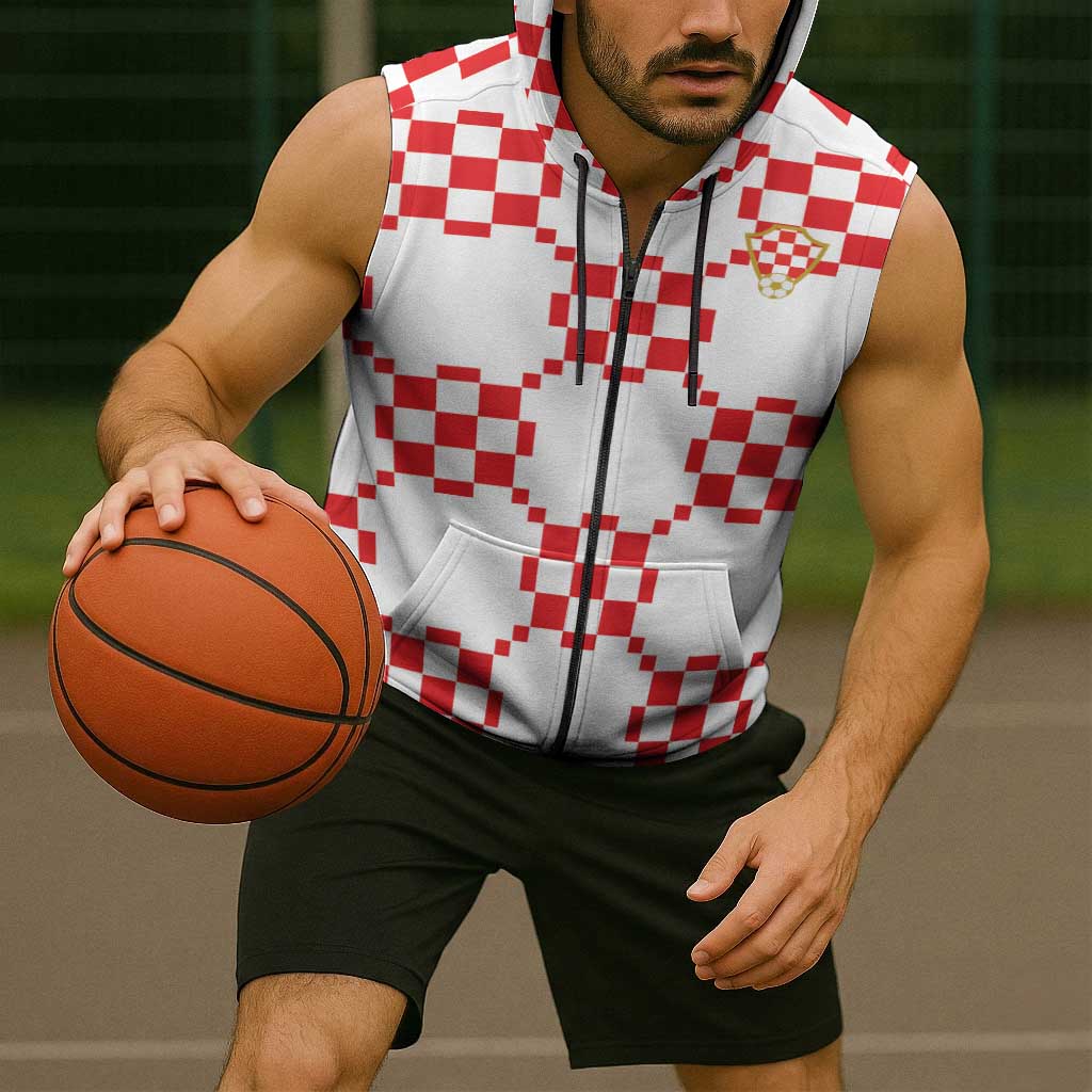 Custom World Football 2026 Croatia Sleeveless Zip Hoodie Hrvatska Checkerboard Style - Wonder Print Shop