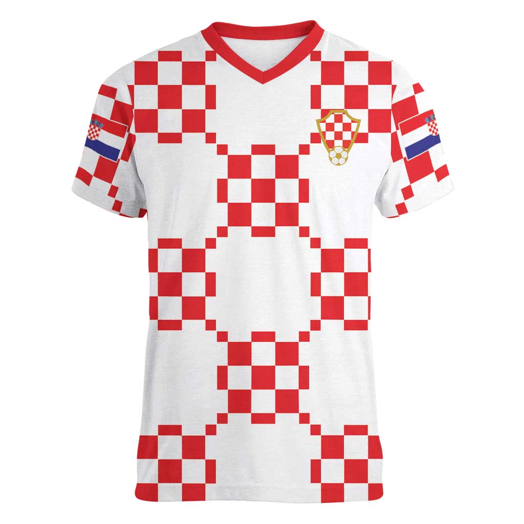 Custom World Football 2026 Croatia Women V-Neck T-Shirt Hrvatska Checkerboard Style - Wonder Print Shop