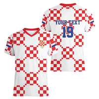 Custom World Football 2026 Croatia Women V-Neck T-Shirt Hrvatska Checkerboard Style - Wonder Print Shop