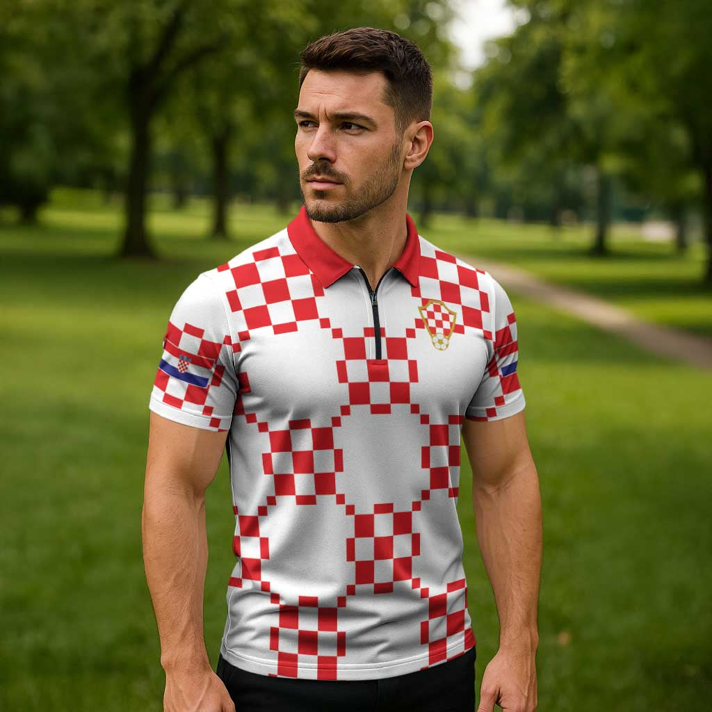 Custom World Football 2026 Croatia Zipper Polo Shirt Hrvatska Checkerboard Style - Wonder Print Shop