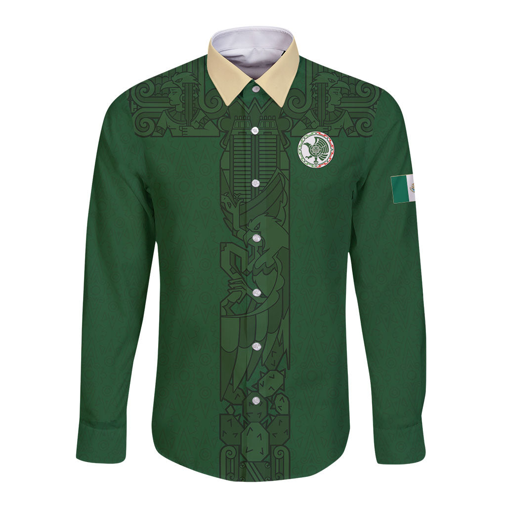 Mis Raices Mexico Football Custom Long Sleeve Button Shirt Aztec Calendar Line Art